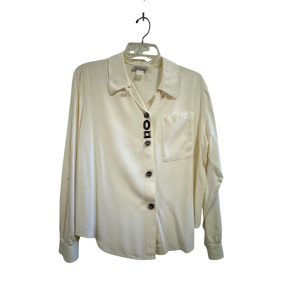 Vintage Petite Impressions Cream Button Up Blouse Eclectic Geometric Buttons L